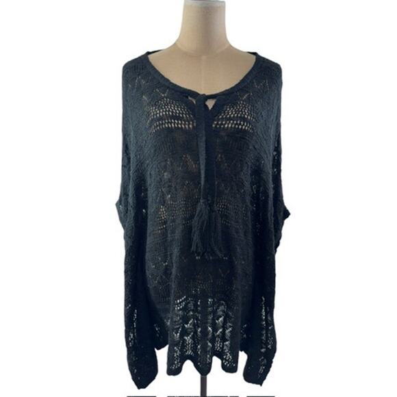 "ONE A" Black Crochet Bathing Suit Cover Up, Size XL, Keyhole front W/Tassel Tie - Picture 1 of 9